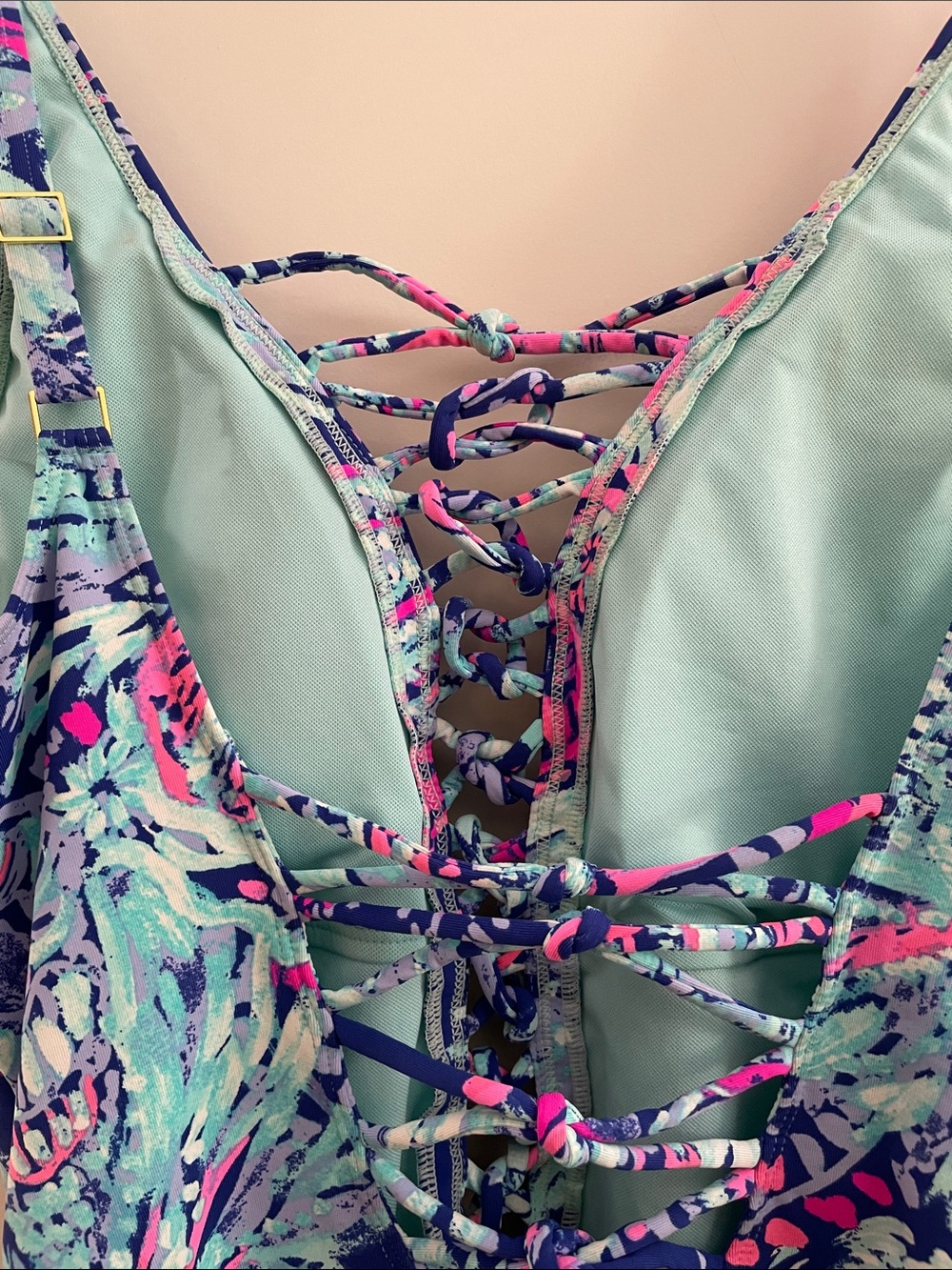LILLY PULITZER Isle Navy Floral Lace-Up One-Piece Swimsuit 10 EUC - Picture 5 of 8